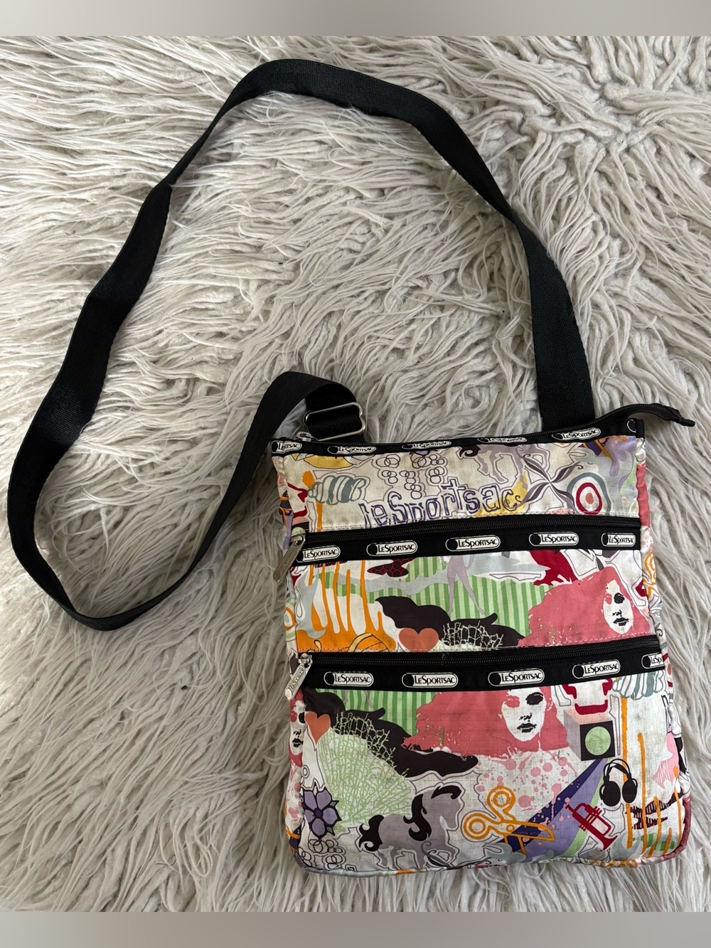 LeSportsac Y2K Abstract Art Music Bird Horse Graffiti 3-Tier Zip Crossbody Bag
